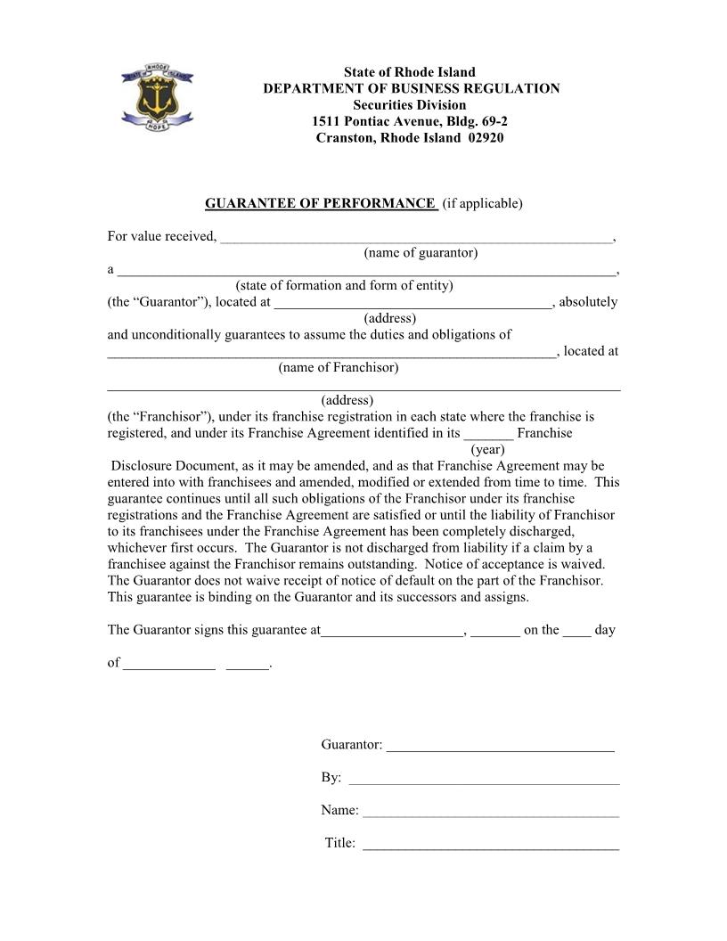 Guarantee Of Performance | Pdf Fpdf Docx | Rhode Island