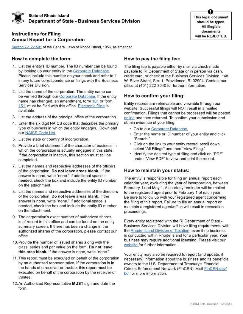 Annual Report For A Corporation {630} | Pdf Fpdf Docx | Rhode Island