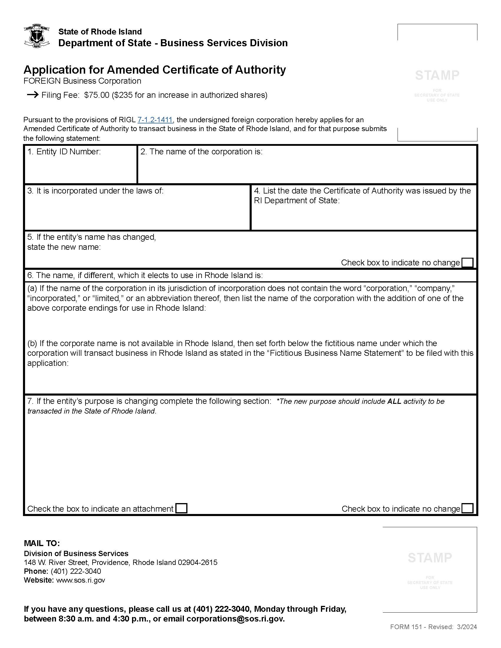 Application For Amended Certificate Of Authority (Foreign Corp) {151} | Pdf Fpdf Docx | Rhode Island