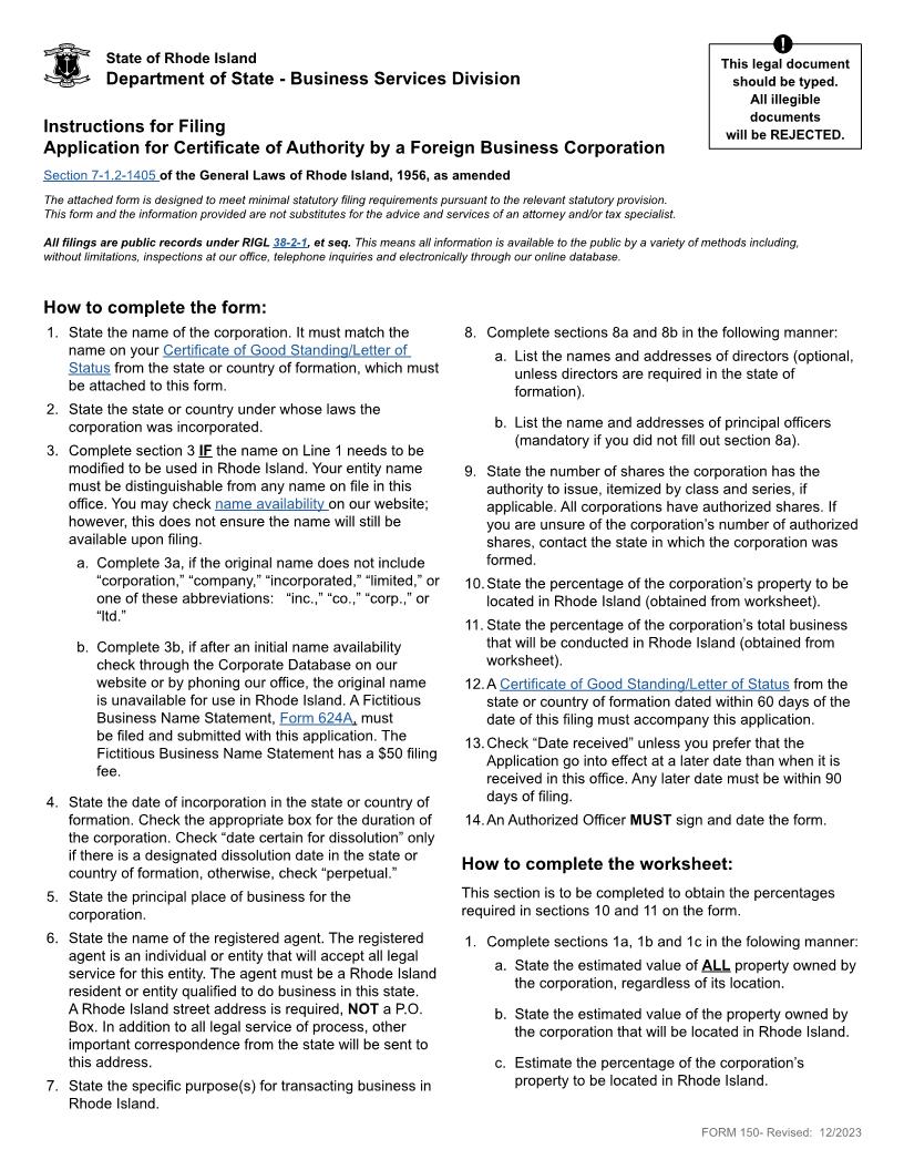 Application For Certificate Of Authority (Foreign Corp) {150} | Pdf Fpdf Docx | Rhode Island