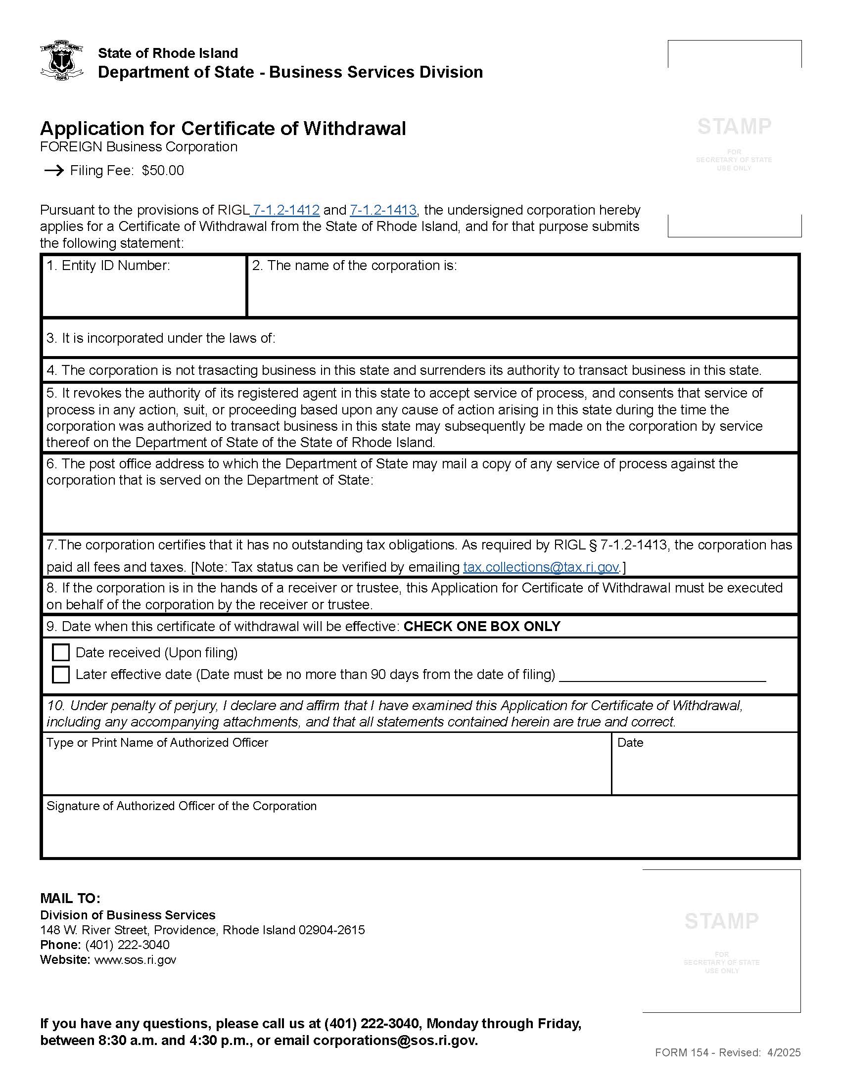 Application For Certificate Of Withdrawal (Foreign Corp) {154} | Pdf Fpdf Docx | Rhode Island