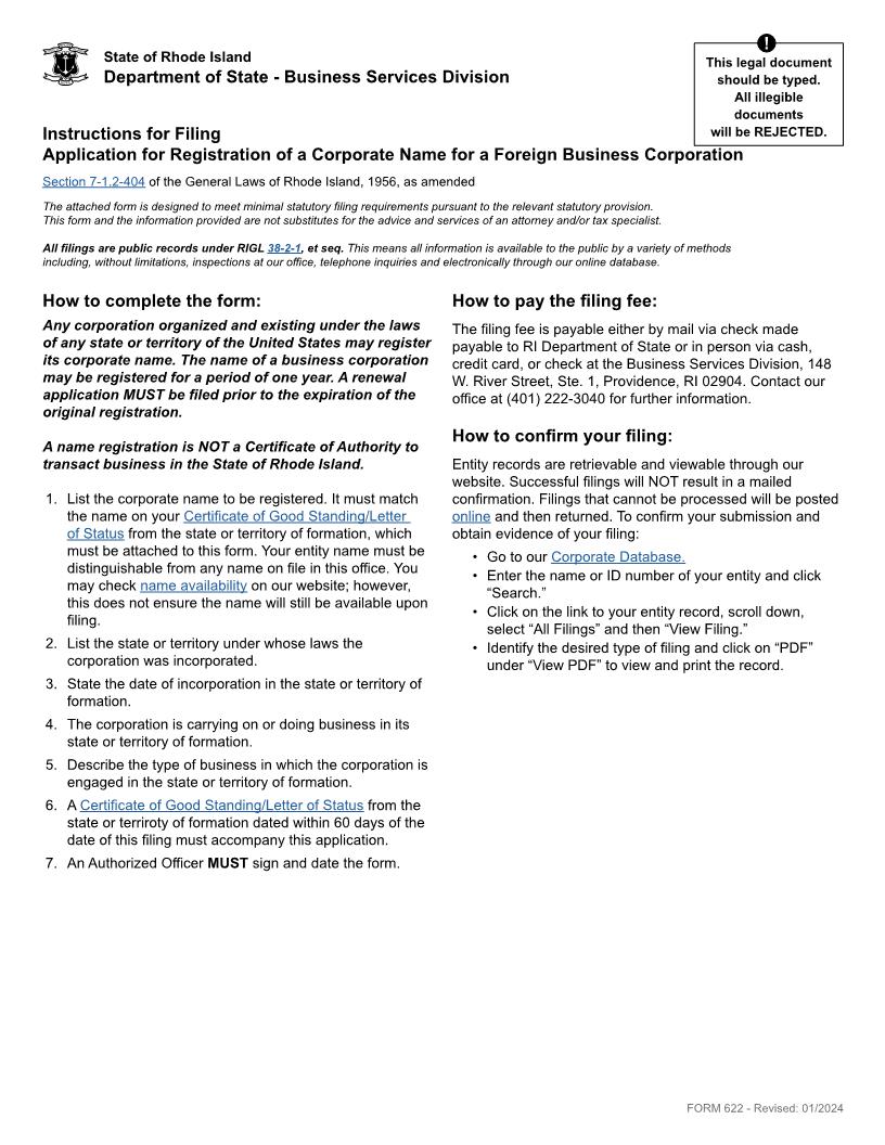 Application For Registration Of Corporate Name (Foreign Corp) {622} | Pdf Fpdf Doc Docx | Rhode Island