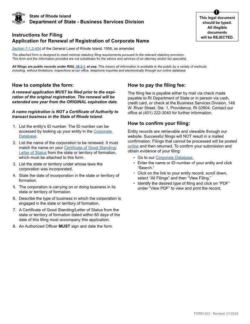 Application For Renewal Of Registration Of Corporate Name (Foreign Corp) {623} | Pdf Fpdf Doc Docx | Rhode Island