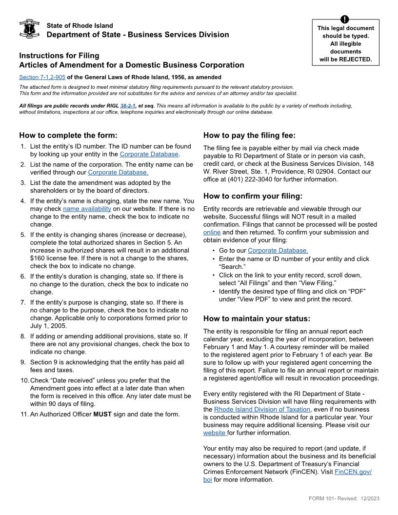 Articles Of Amendment {101} | Pdf Fpdf Docx | Rhode Island
