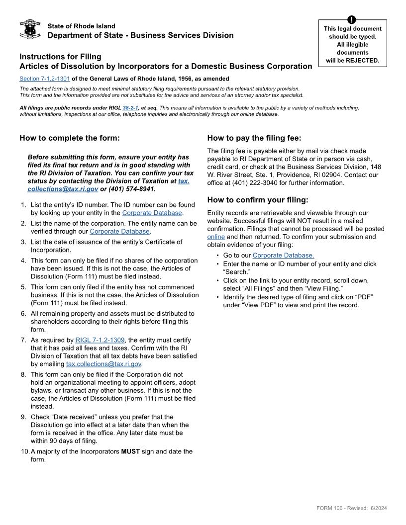 Articles Of Dissolution By Incorporators (Domestic Corp) {106} | Pdf Fpdf Doc Docx | Rhode Island
