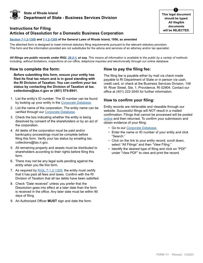 Articles Of Dissolution Domestic Corp {111} | Pdf Fpdf Docx | Rhode Island