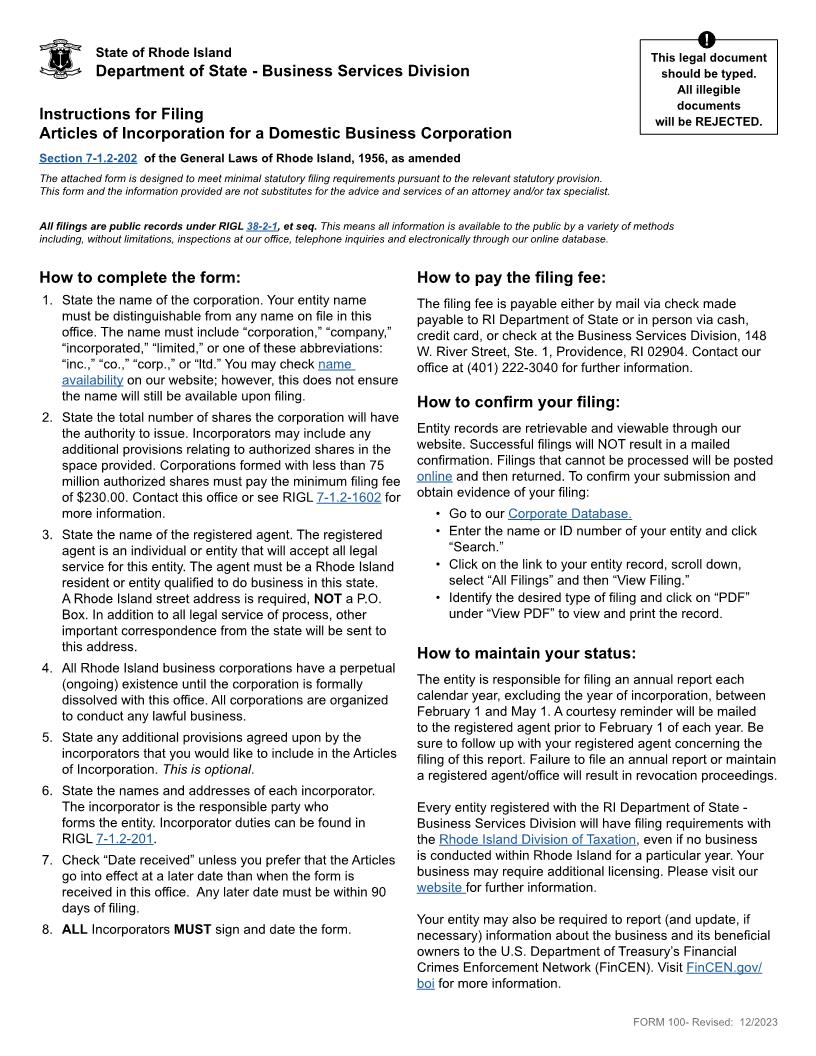 Articles Of Incorporation {100} | Pdf Fpdf Docx | Rhode Island