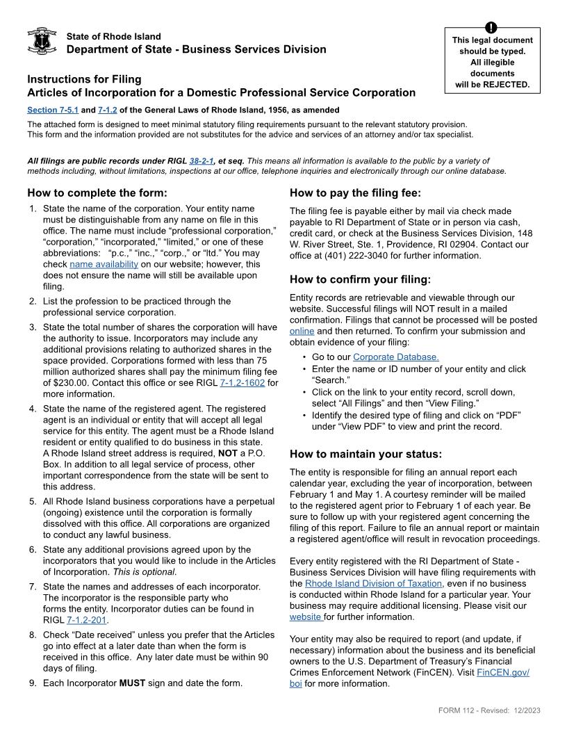 Articles Of Incorporation (Professional Service Corp) {112} | Pdf Fpdf Docx | Rhode Island