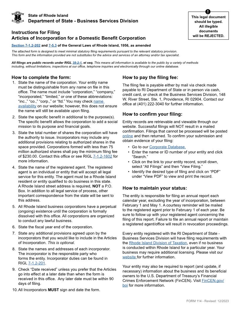Benefit Corporation Articles Of Incorporation {114} | Pdf Fpdf Docx | Rhode Island