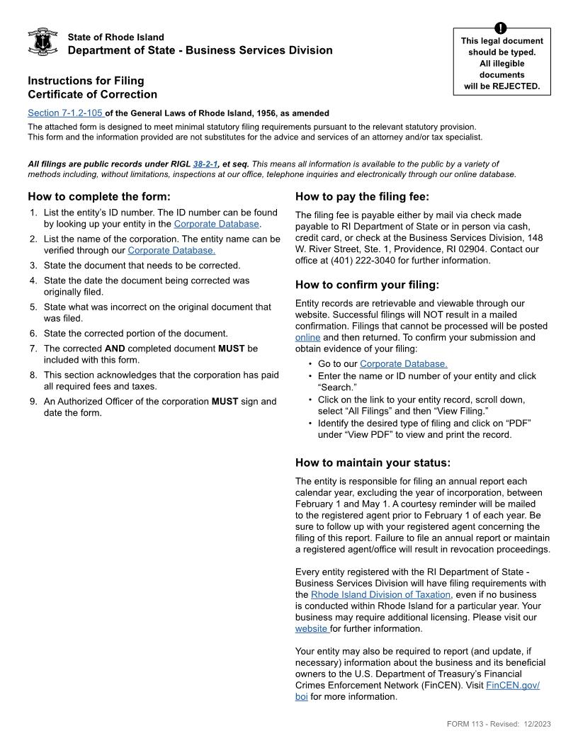 Certificate Of Correction (Business Corp) {113} | Pdf Fpdf Doc Docx | Rhode Island