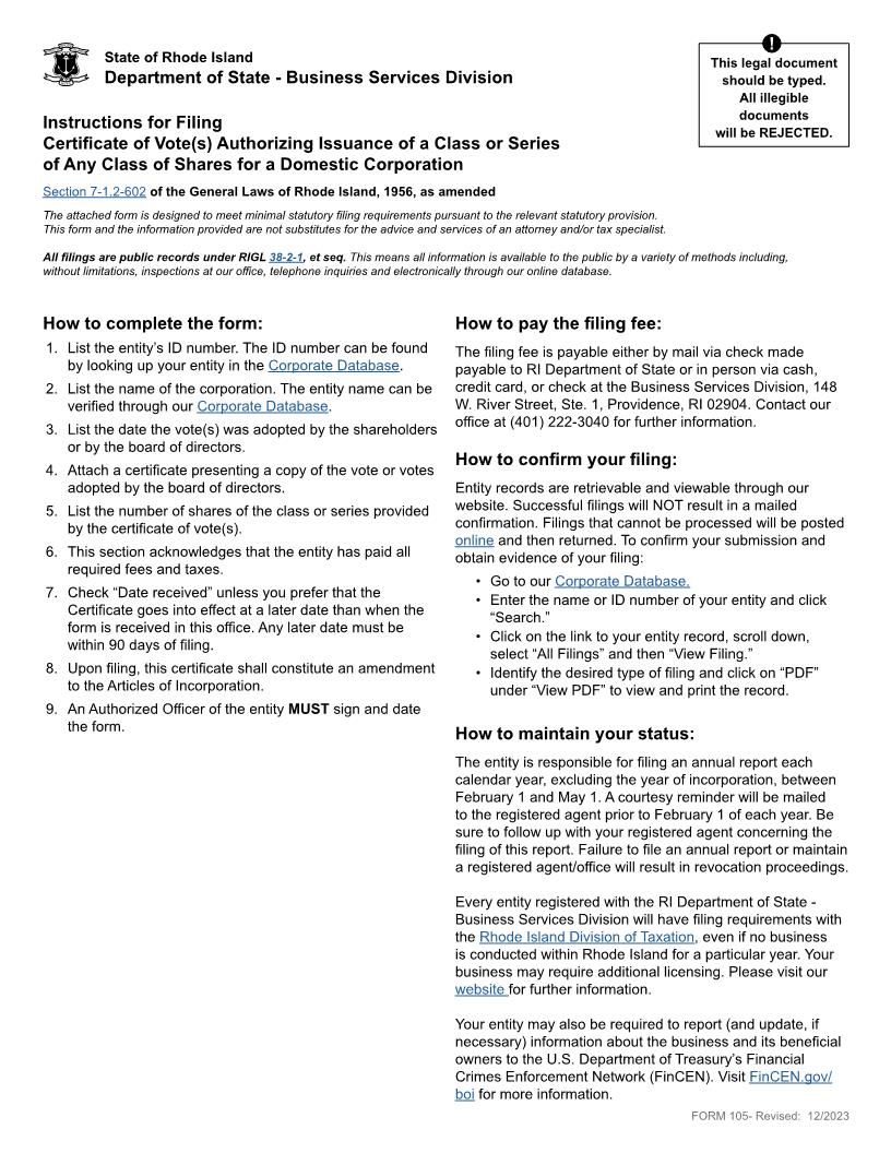 Certificate Of Votes Authorizing Issuance Of Class Or Series {105} | Pdf Fpdf Docx | Rhode Island
