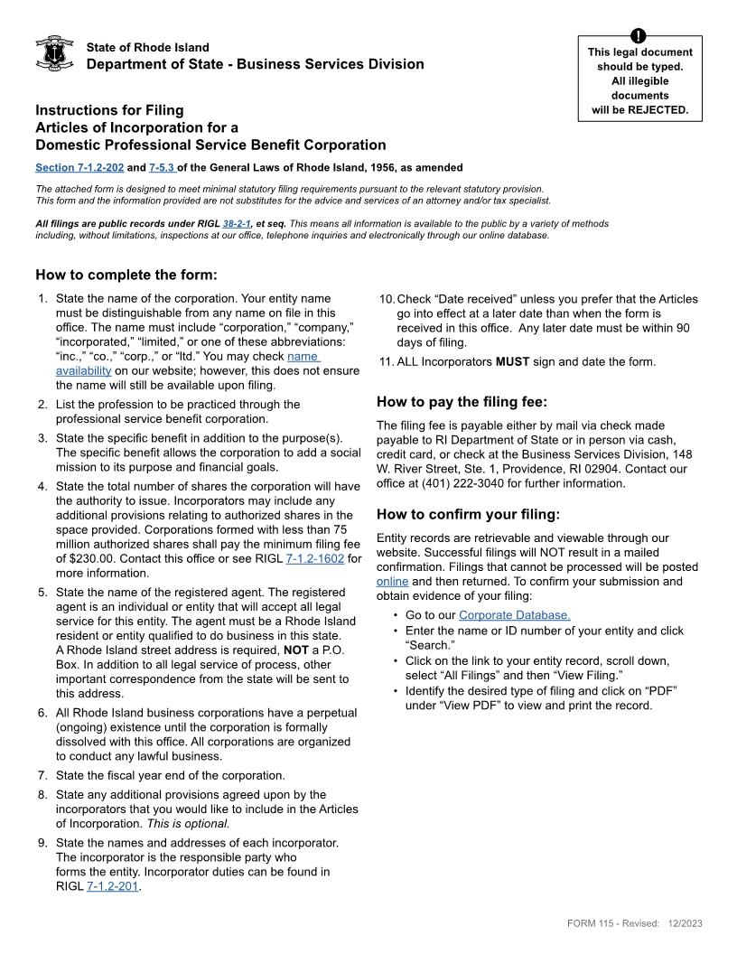 Professional Benefit Articles Of Incorporation {115} | Pdf Fpdf Docx | Rhode Island