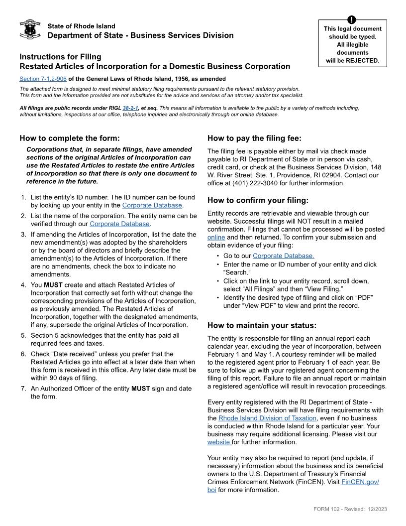Restated Articles Of Incorporation (Domestic Corp) {102} | Pdf Fpdf Doc Docx | Rhode Island