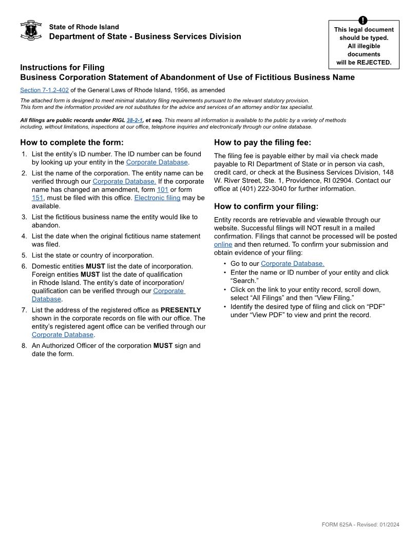 Statement Of Abandonment Of FBN {625A} | Pdf Fpdf Docx | Rhode Island