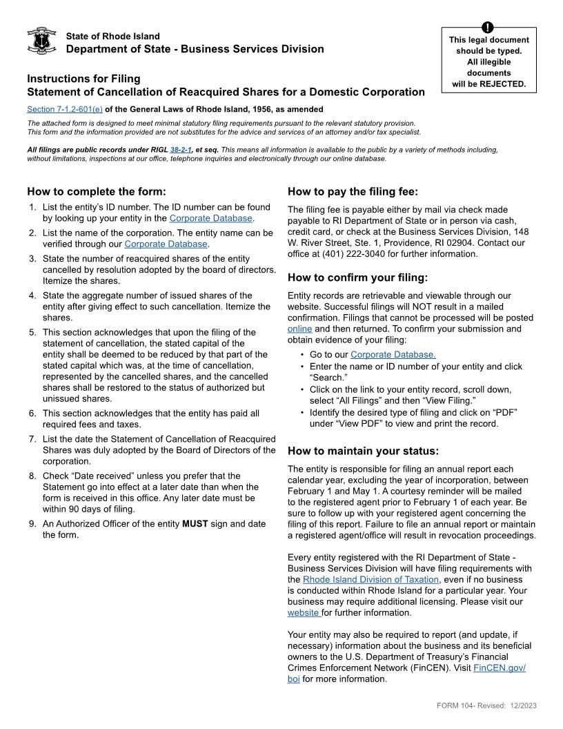 Statement Of Cancellation Of Reacquired Shares (Domestic Corp) {104} | Pdf Fpdf Docx | Rhode Island