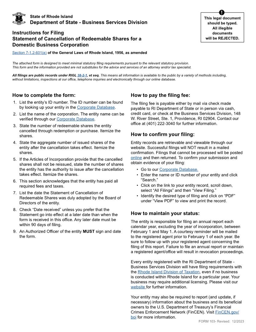 Statement Of Cancellation Of Redeemable Shares {103} | Pdf Fpdf Docx | Rhode Island