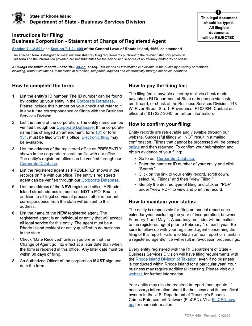 Statement Of Change Of Agent {640} | Pdf Fpdf Doc Docx | Rhode Island