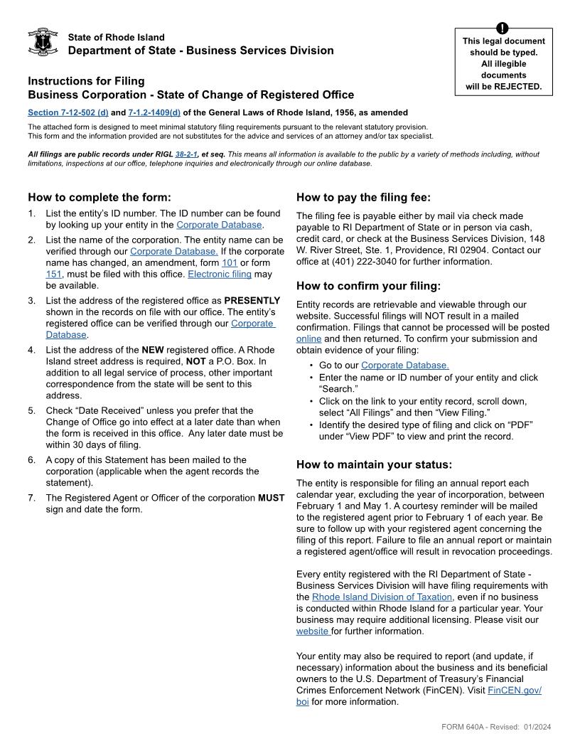 Statement Of Change Of Registered Office {640A} | Pdf Fpdf Docx | Rhode Island