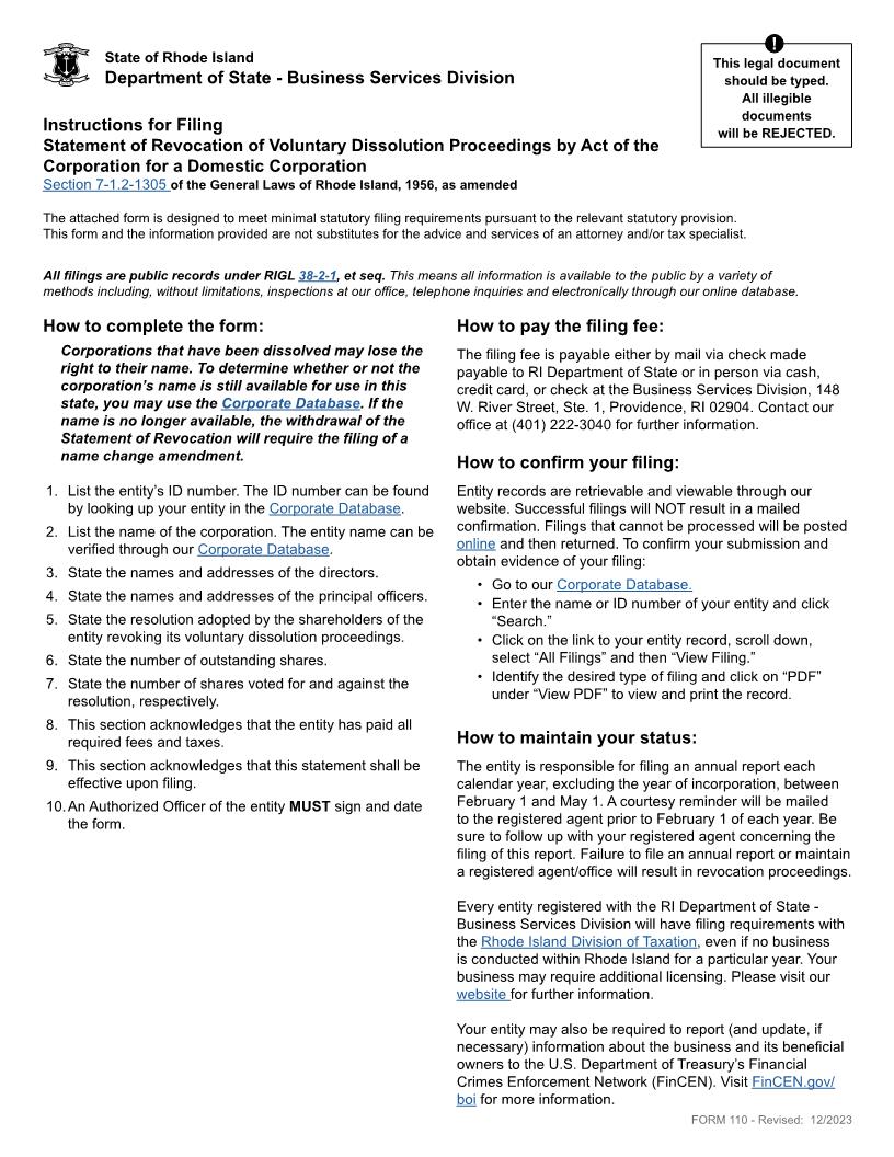 Statement Of Revocation Of Voluntary Dissolution Proceedings By Act Of Corporation (Domestic Corp) {110} | Pdf Fpdf Doc Docx | Rhode Island
