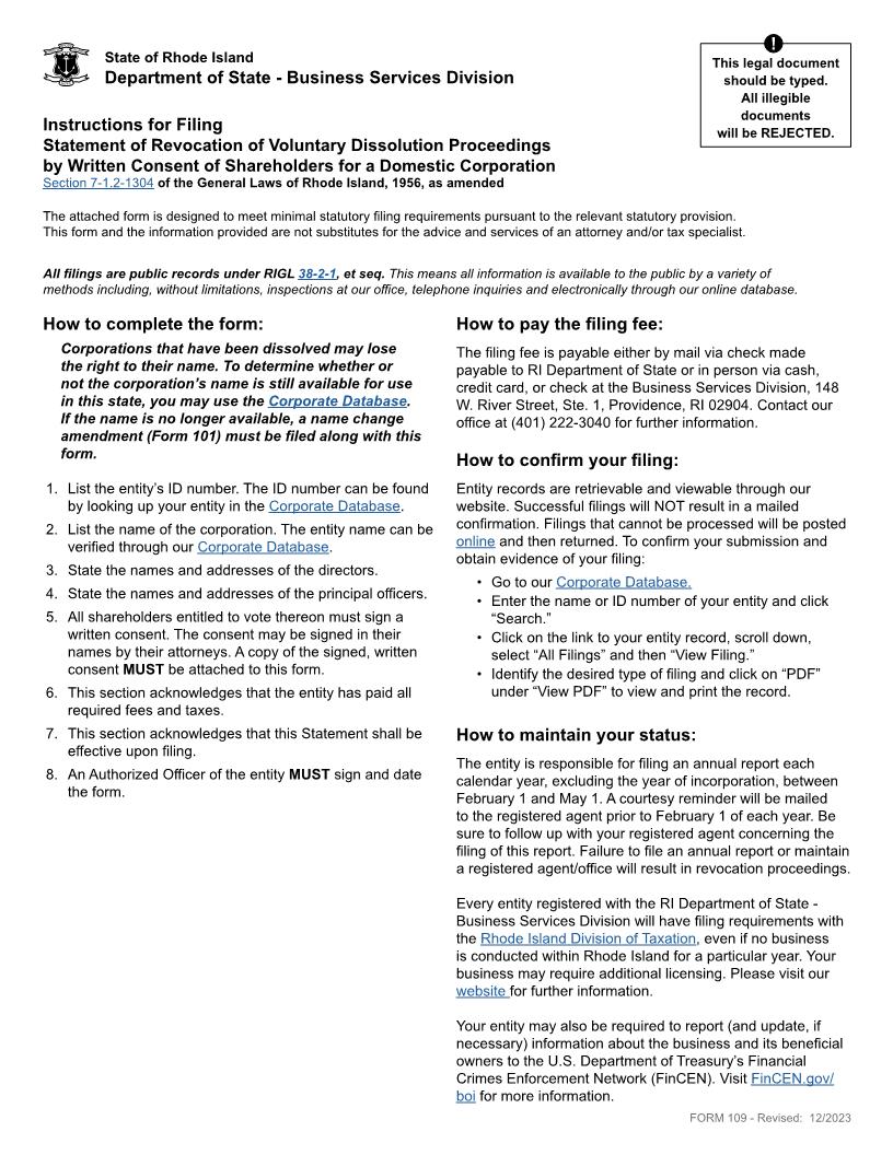 Statement Of Revocation Of Voluntary Dissolution Proceedings By Written Consent Of Shareholders (Domestic Corp) {109} | Pdf Fpdf Doc Docx | Rhode Island