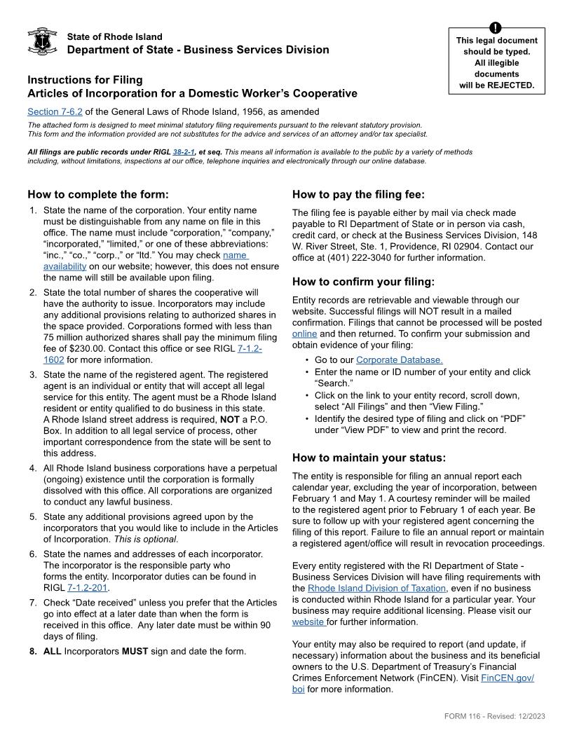 Articles Of Incorporation Domestic Workers Coop {116} | Pdf Fpdf Docx | Rhode Island