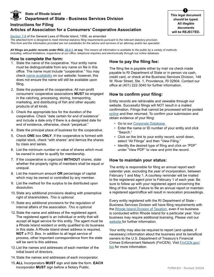 Consumers Cooperative Articles Of Association {601} | Pdf Fpdf Doc Docx | Rhode Island