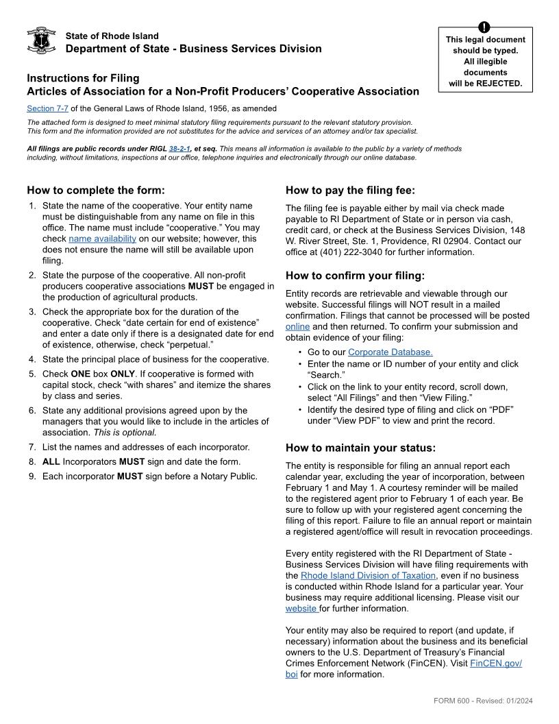 Non Profit Producers Cooperative Association {600} | Pdf Fpdf Doc Docx | Rhode Island