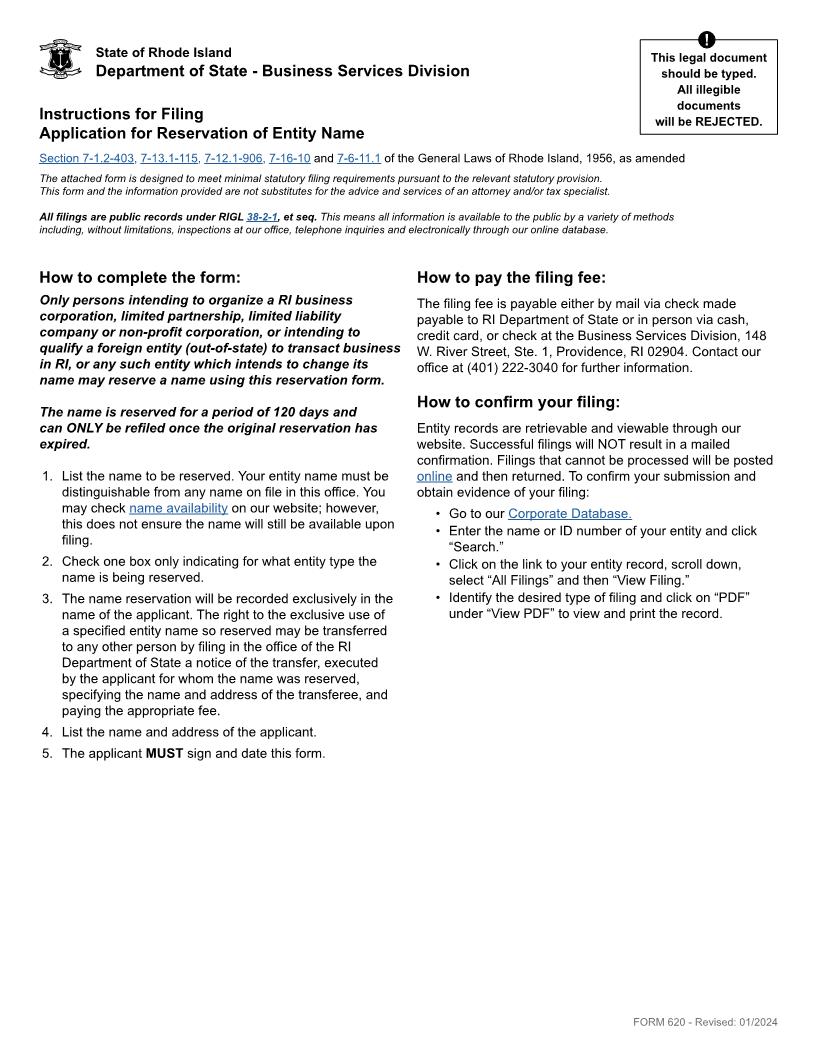 Application For Reservation Of Entity Name {620} | Pdf Fpdf Doc Docx | Rhode Island