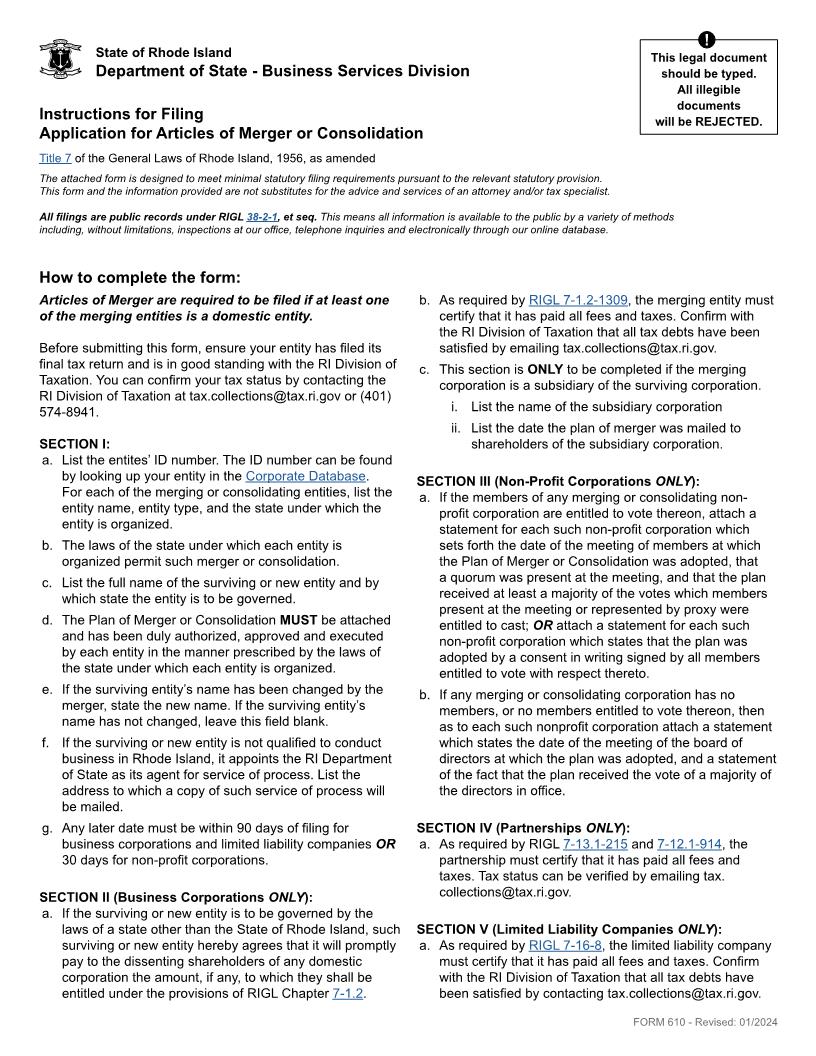 Articles Of Merger {610} | Pdf Fpdf Docx | Rhode Island