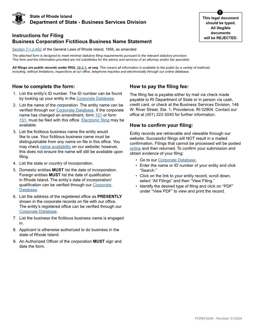 Fictitious Business Name Statement {624A} | Pdf Fpdf Docx | Rhode Island