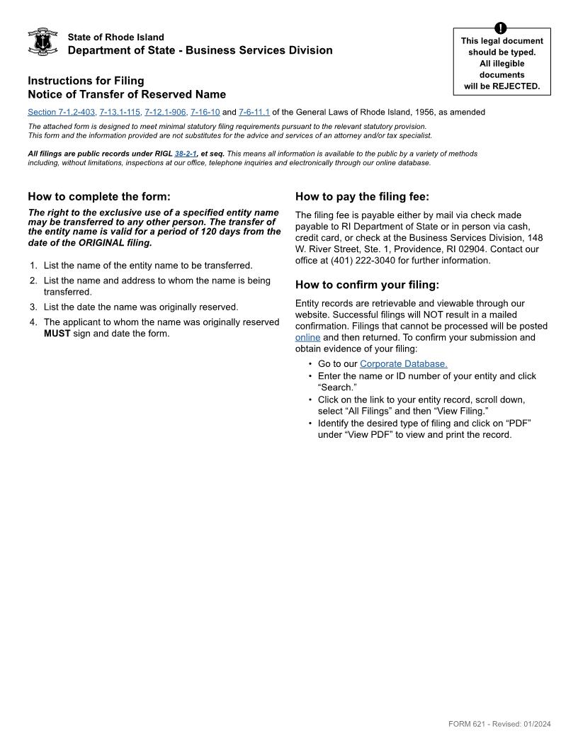Notice Of Transfer Of Reserved Name {621} | Pdf Fpdf Docx | Rhode Island