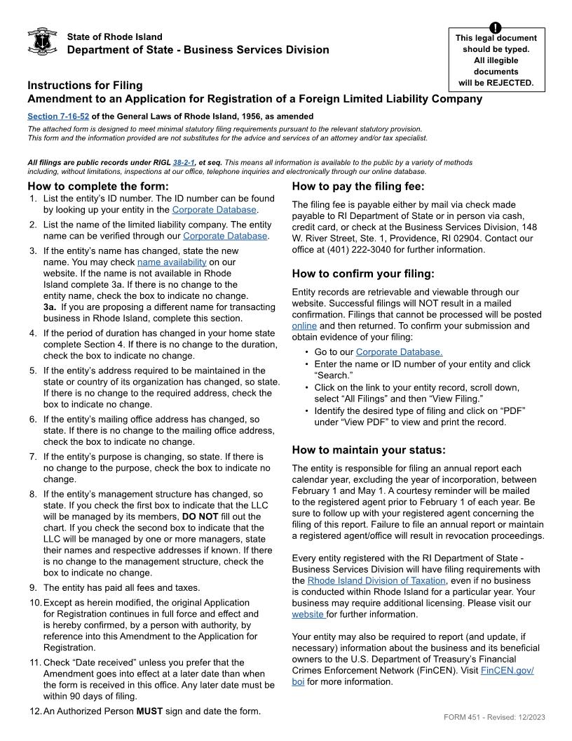 Amendment To Application For Registration Foreign LLC {451} | Pdf Fpdf Docx | Rhode Island