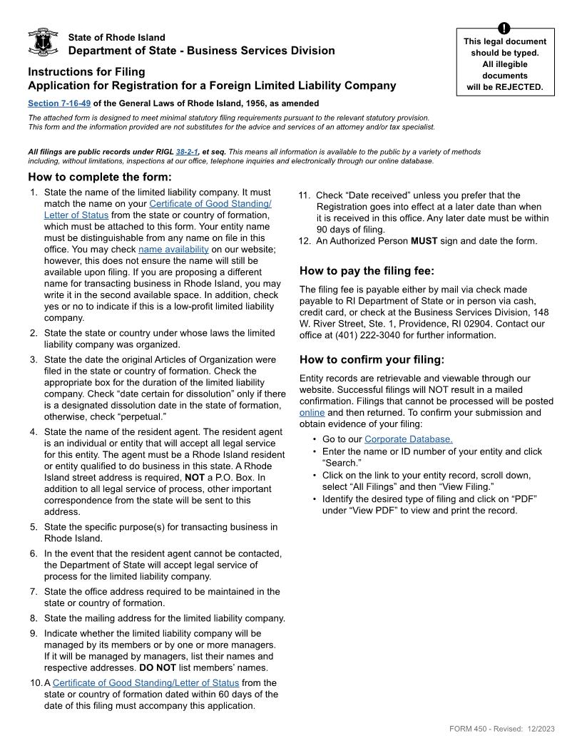 Application For Registration Foreign LLC {450} | Pdf Fpdf Docx | Rhode Island