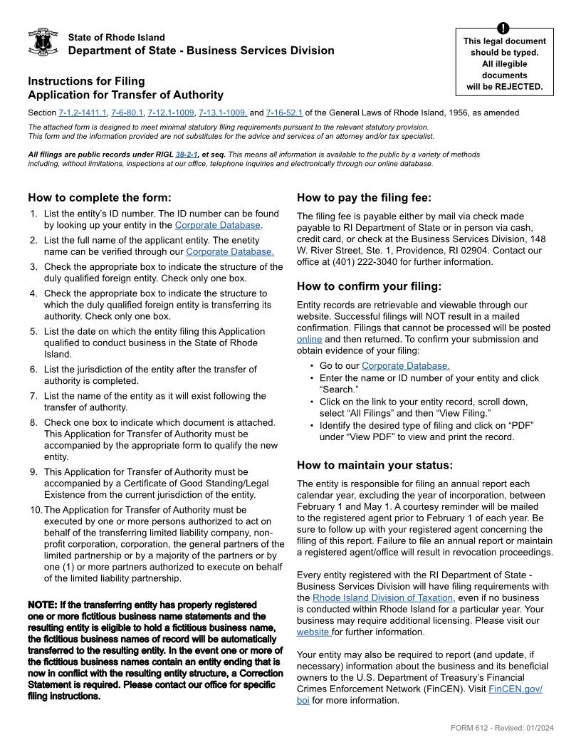 Application For Transfer Of Authority {612} | Pdf Fpdf Doc Docx | Rhode Island