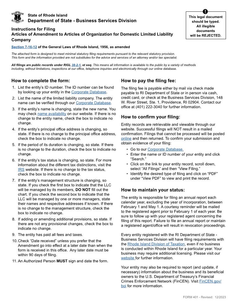 Articles Of Amendment To Articles Of Organization Domestic LLC {401} | Pdf Fpdf Docx | Rhode Island