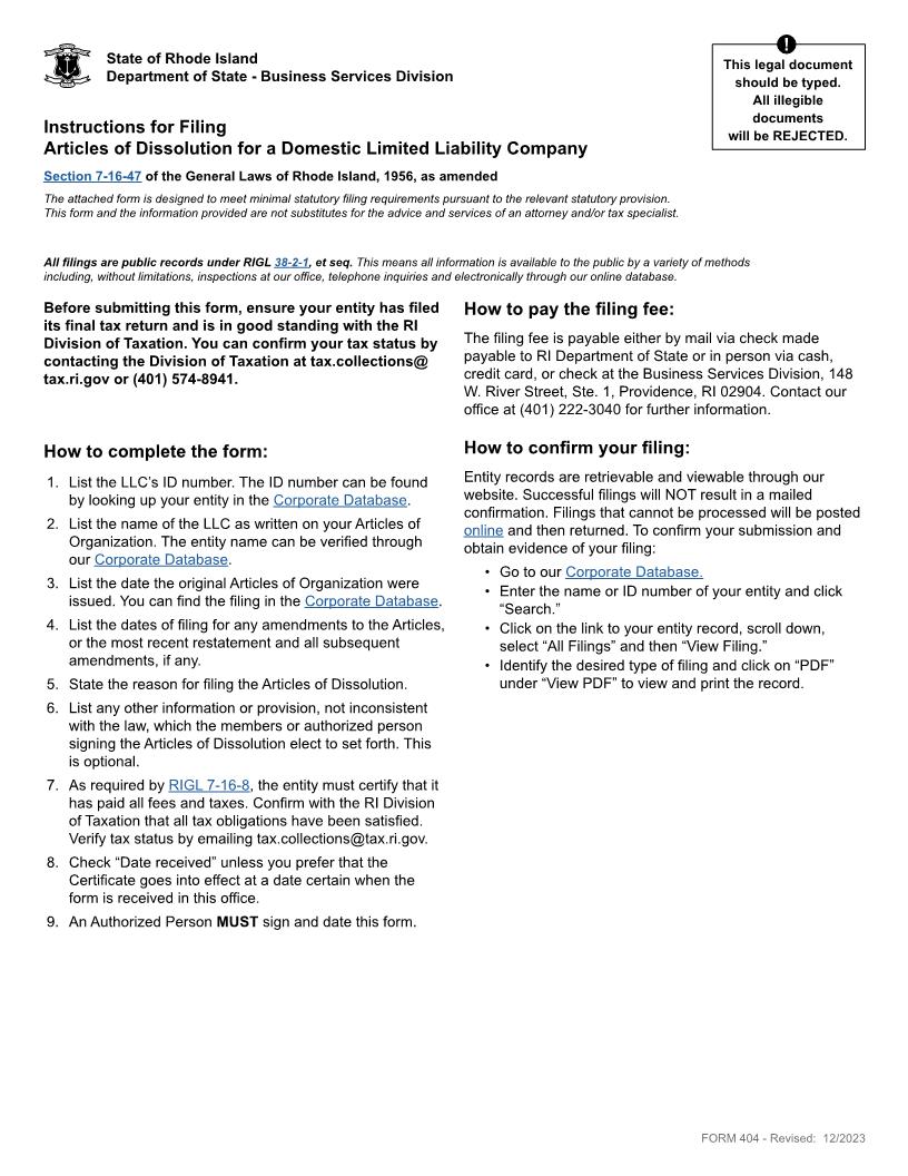 Articles Of Dissolution {404} | Pdf Fpdf Docx | Rhode Island