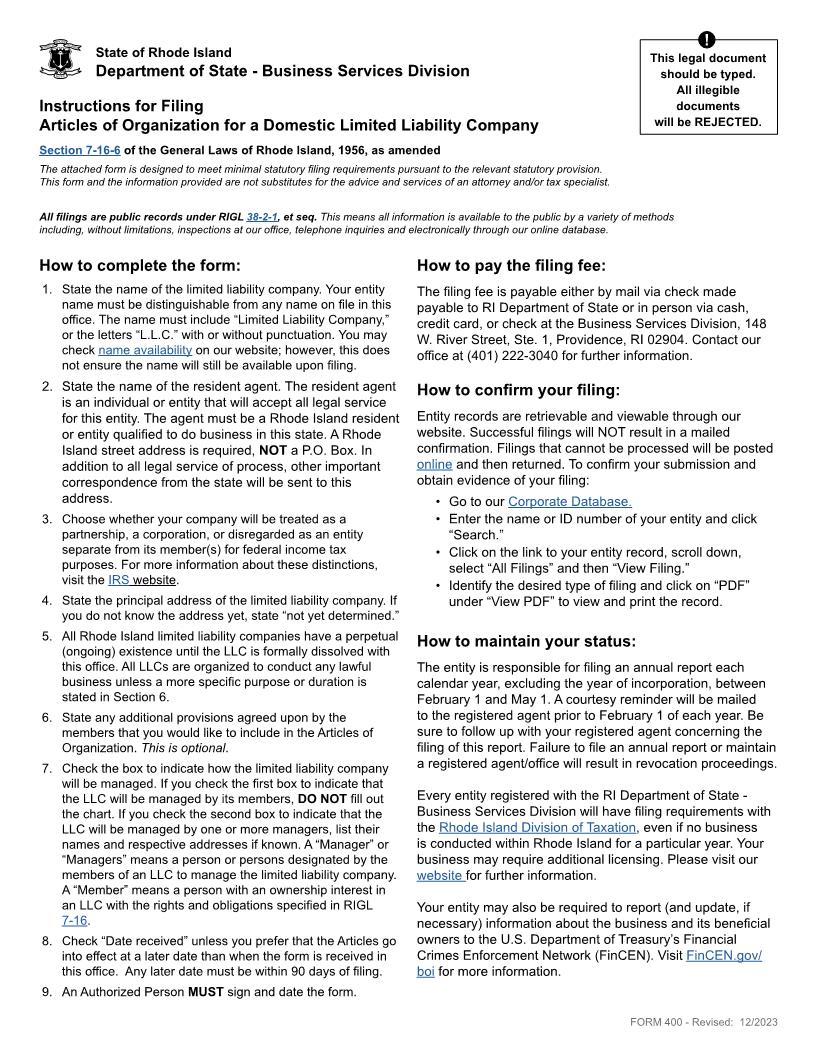 Articles Of Organization Domestic LLC {400} | Pdf Fpdf Docx | Rhode Island