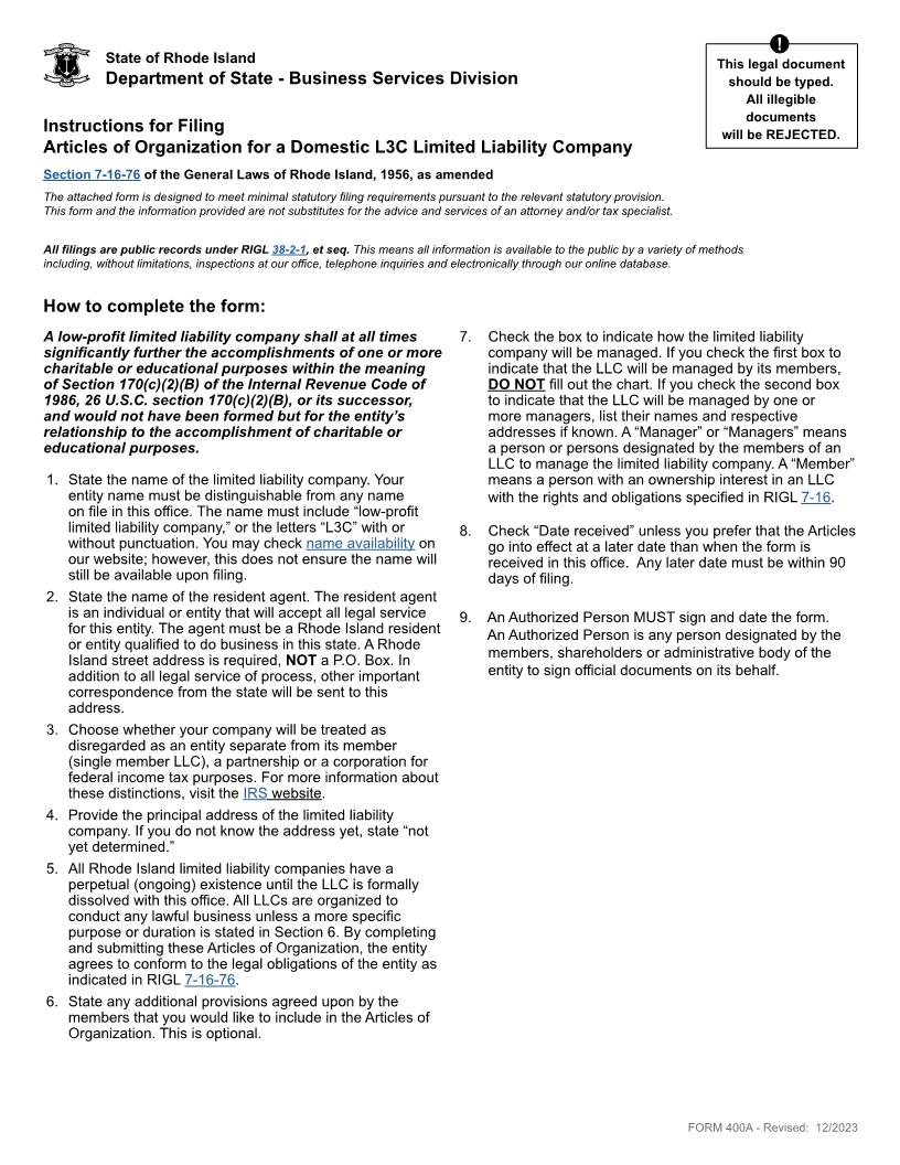 Articles Of Organization LC3 LLC {400A} | Pdf Fpdf Docx | Rhode Island