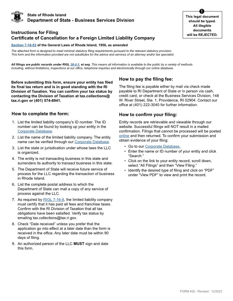 Certificate Of Cancellation Foreign LLC {452} | Pdf Fpdf Docx | Rhode Island