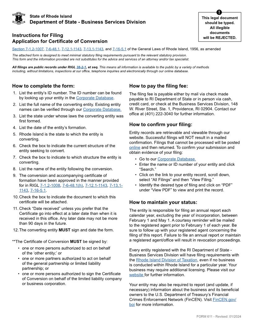 Certificate Of Conversion (To LLC) {611} | Pdf Fpdf Doc Docx | Rhode Island
