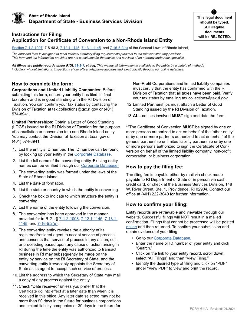 Certificate Of Conversion Into A Non Rhode Island Entity {611A} | Pdf Fpdf Doc Docx | Rhode Island