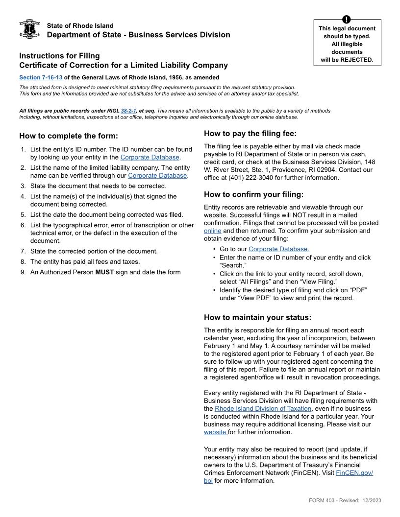 Certificate Of Correction Domestic LLC {403} | Pdf Fpdf Docx | Rhode Island