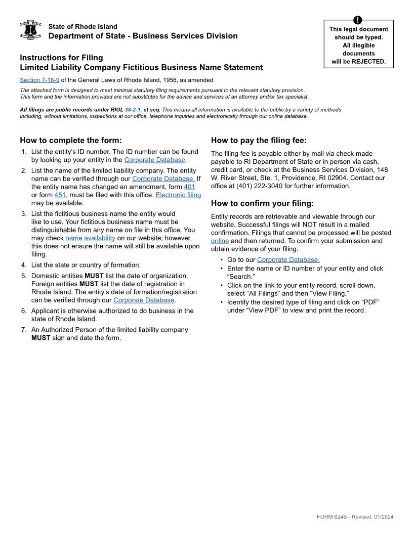 Fictitious Business Name Statement LLC {624B} | Pdf Fpdf Docx | Rhode Island
