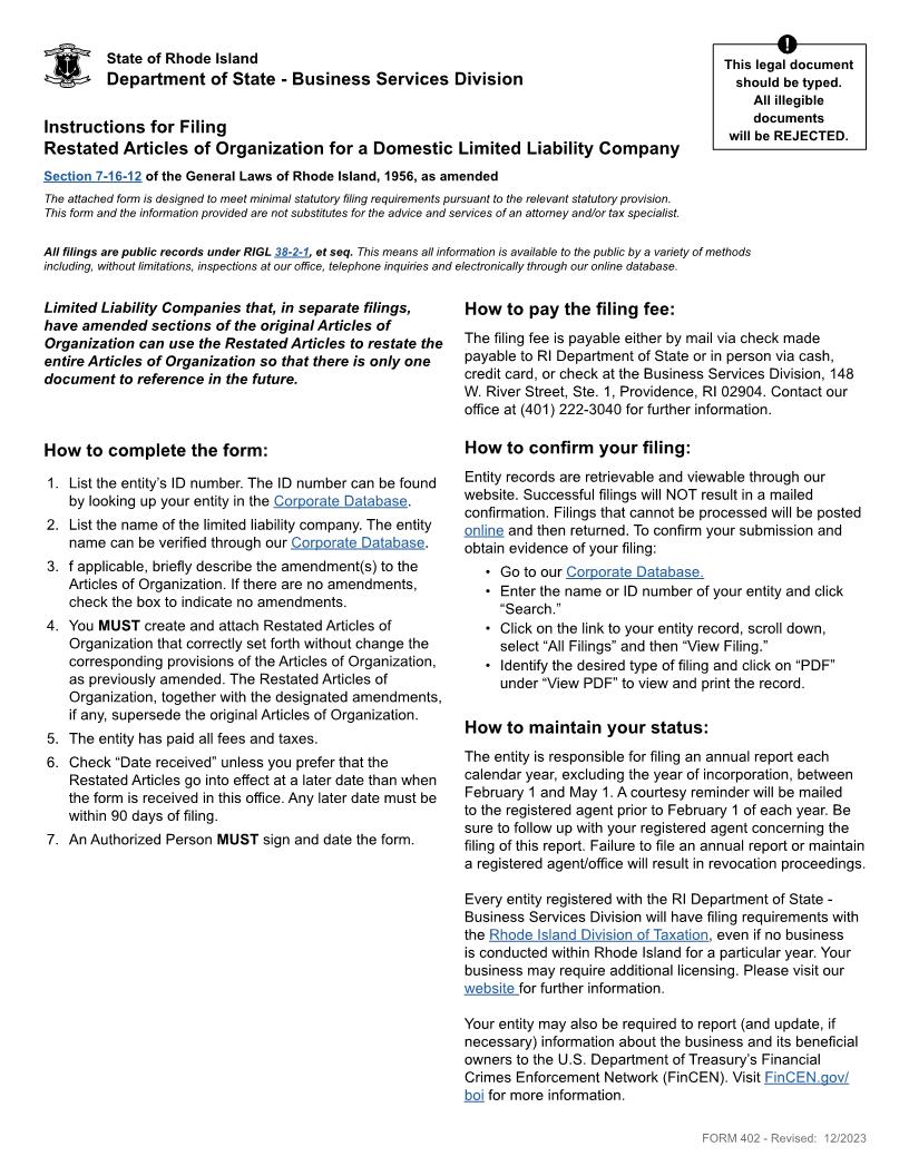 Restated Articles Of Organization Domestic LLC {402} | Pdf Fpdf Docx | Rhode Island
