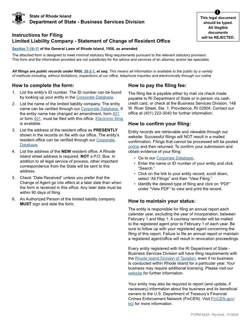 Statement Of Change Of Resident Office {642A} | Pdf Fpdf Docx | Rhode Island