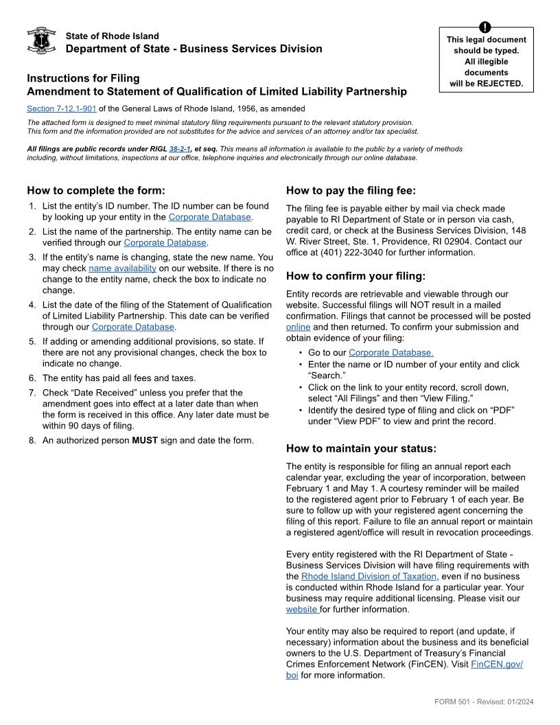 Amendment Of Statement Of Qualification (Domestic LLP) {501} | Pdf Fpdf Docx | Rhode Island