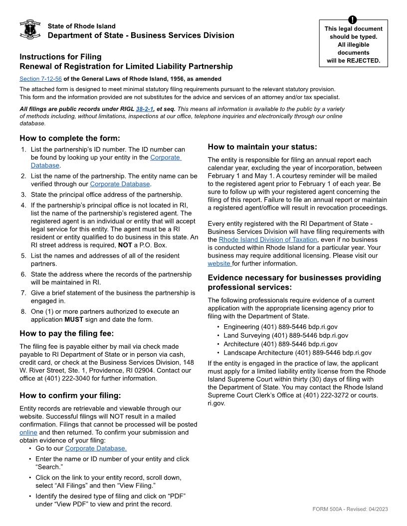 Renewal Of Registration Of Limited Liability Partnership {500A} | Pdf Fpdf Docx | Rhode Island