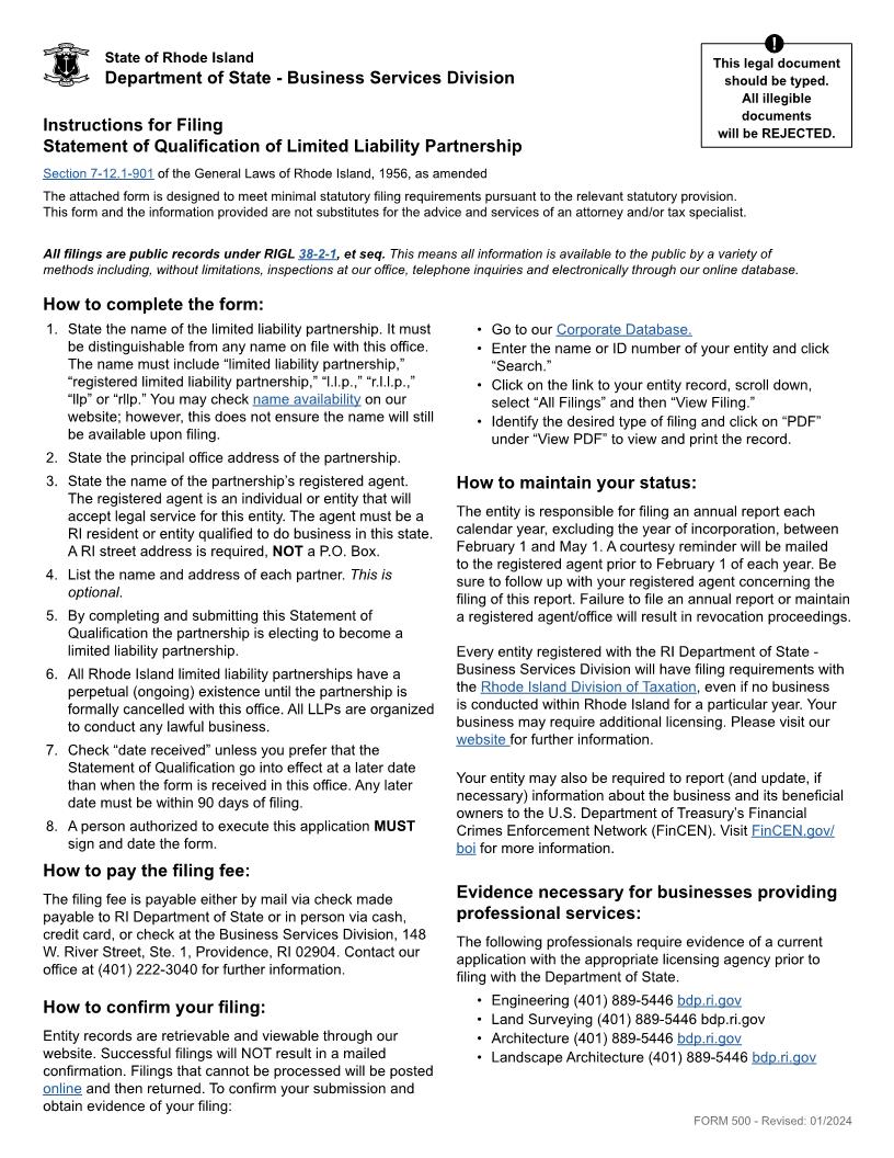 Statement Of Qualification Of Limited Liability Partnership {500} | Pdf Fpdf Docx | Rhode Island