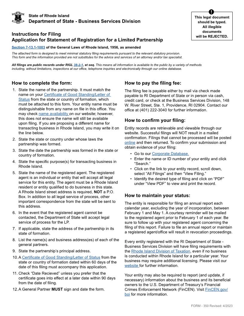 Application For Certificate Of Registration (Foreign LP) {350} | Pdf Fpdf Docx | Rhode Island