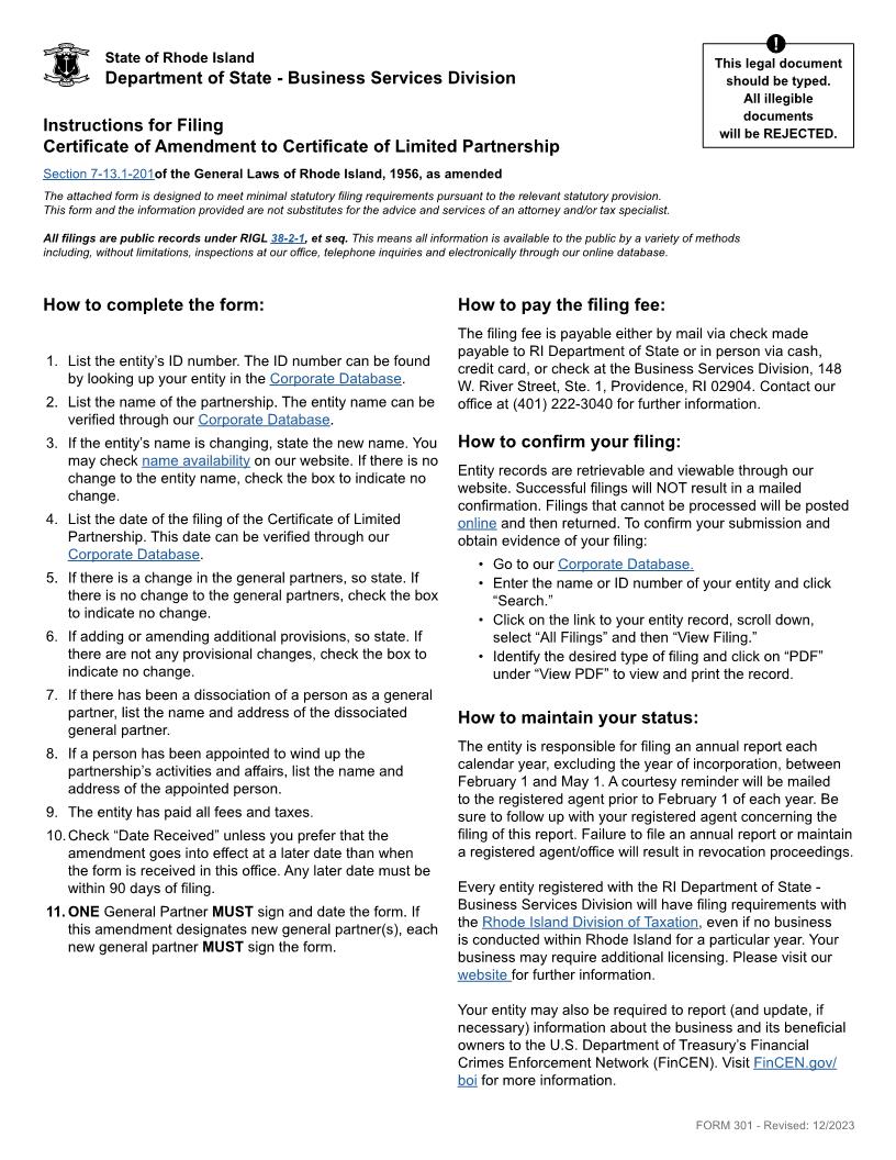 Certificate Of Amendment To Certificate Of Limited Partnership (Domestic LP) {301} | Pdf Fpdf Docx | Rhode Island